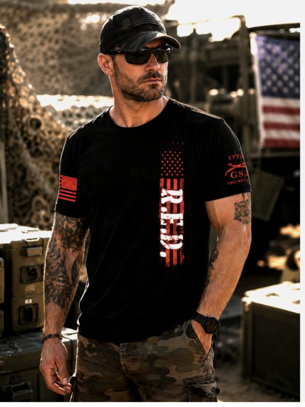 Grunt Style Men's XXL R.E.D. Graphic T-Shirt Black Patriotic American Flag Tee